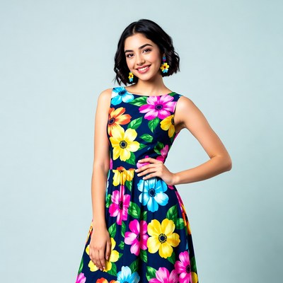 Bright flowers on dress shine in image