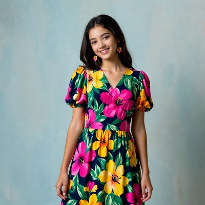 Young girl in floral dress smiles