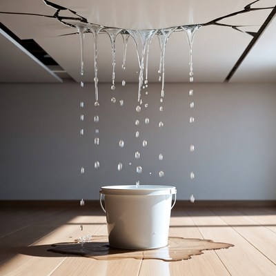 Water leaks from ceiling into bucket