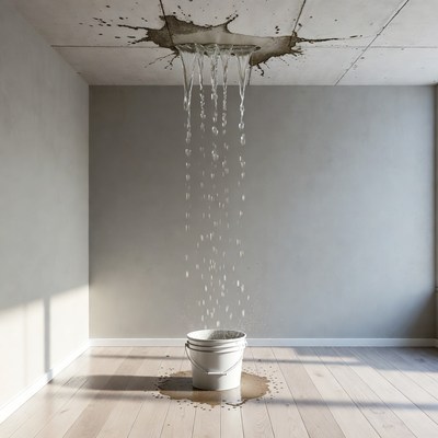 Water dripping from ceiling into bucket