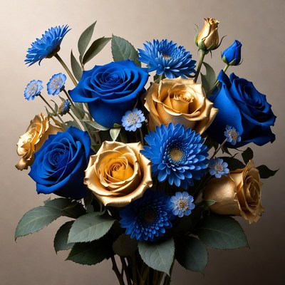 Blue and gold flower arrangement display
