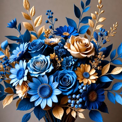 Blue and gold flower arrangement with decor
