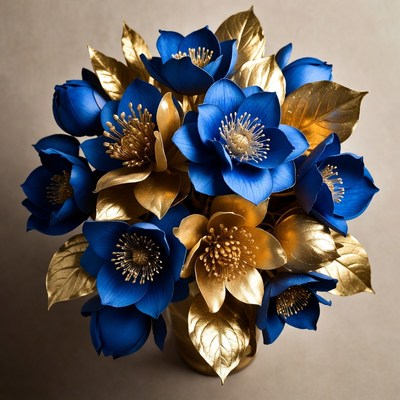 Blue and gold flower arrangement display