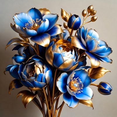 Blue and gold flower arrangement in art