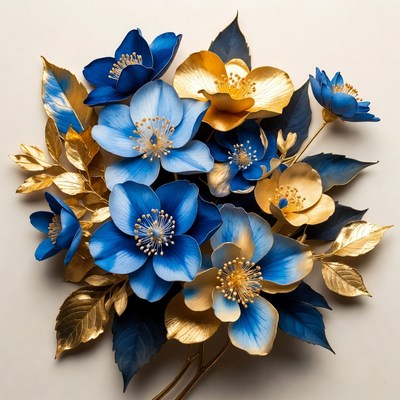 Blue and gold flower arrangement display