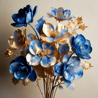 Blue and gold flower arrangement display