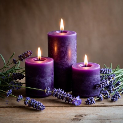 Candles and lavender on table