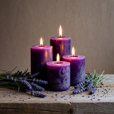 Candles and lavender on wooden table