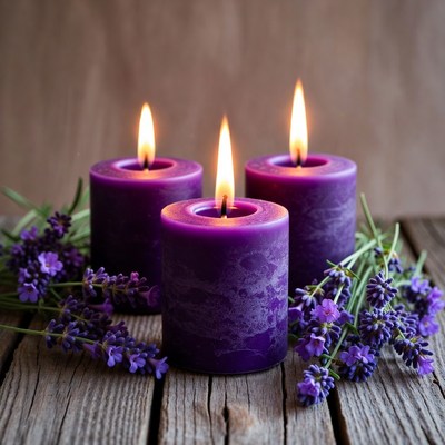 Lavender candles with purple flowers