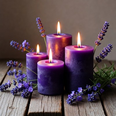 Lavender candles on wooden table