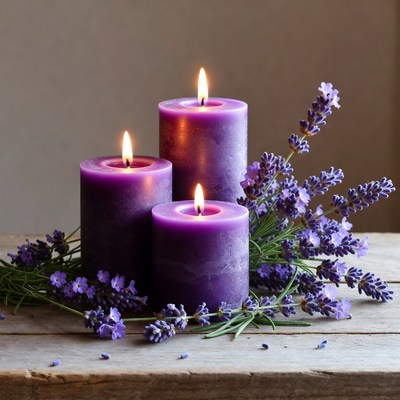Three purple candles with lavender