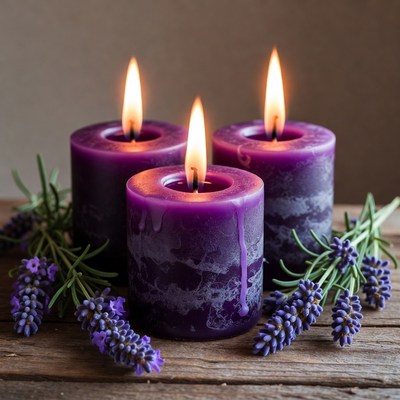 Candles and lavender on wooden surface