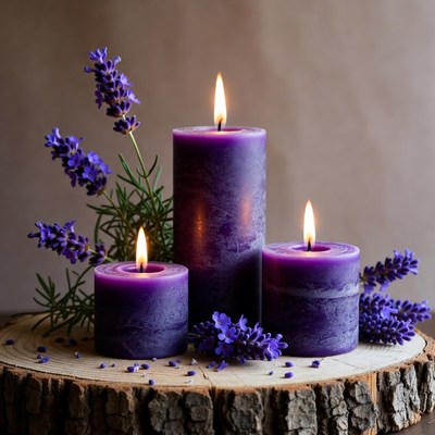 Candles and lavender on a wooden stump
