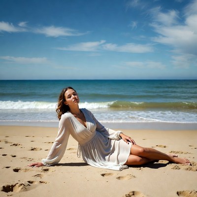 Woman sitting on sandy beach
