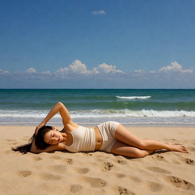 Woman sunbathing on beach near ocean