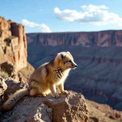Fox sits on rock in canyon