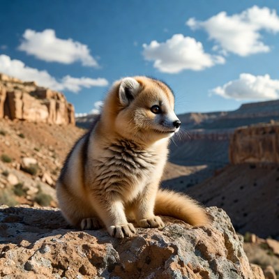 Fox sits on rock in desert