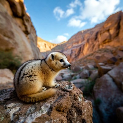 Cute animal sits on rock in canyon