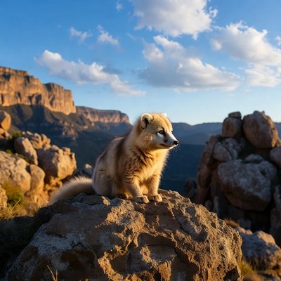 Wildlife on rocky hill at sunset
