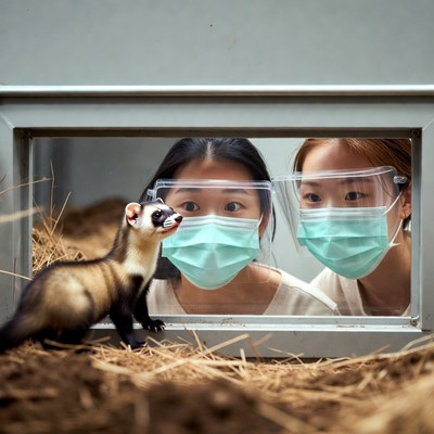 Girls observe ferret at zoo exhibit