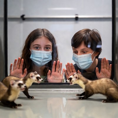 Two people observe ferrets in a display