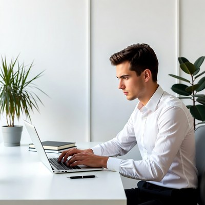 Man working on laptop at modern desk