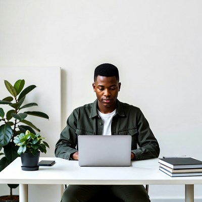 Young man working at desk with laptop and plants