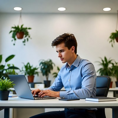 Young man working on laptop in modern office