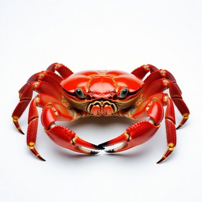 Crab with bright red shell facing camera