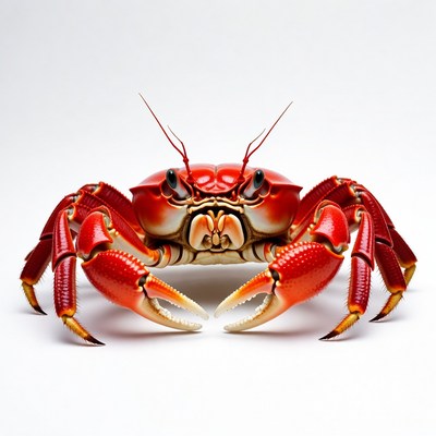 Red crab with large claws on white surface