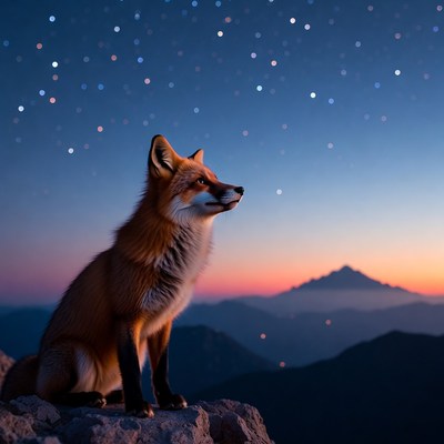 Fox sits under starry night sky