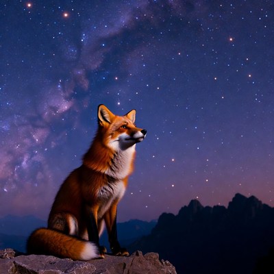 Fox sitting under starry sky