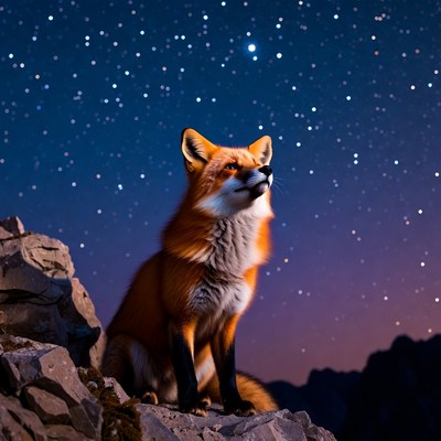 Fox gazing at stars in night sky