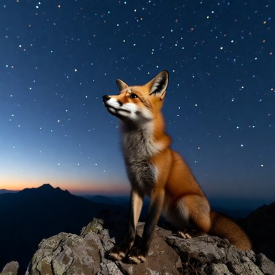 Fox sitting on a rock at night