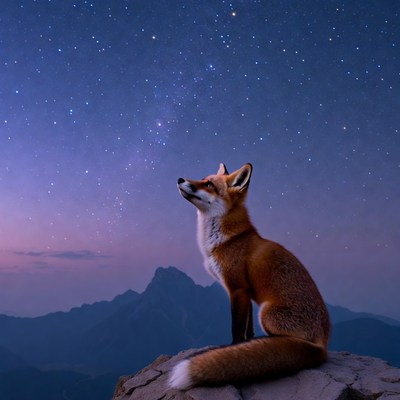 Fox gazing at starry sky at night
