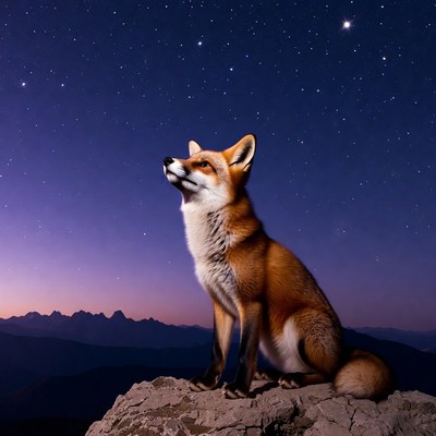 Fox sitting on rock under stars