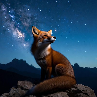 Fox under a starry sky at night