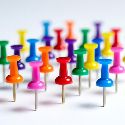 Colorful push pins on white background