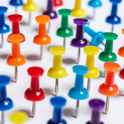 Many colorful pushpins on a surface