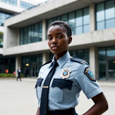 Police officer stands at city square