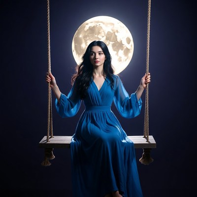 Woman on swing under full moon