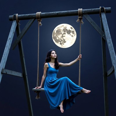 Woman on swing under full moon