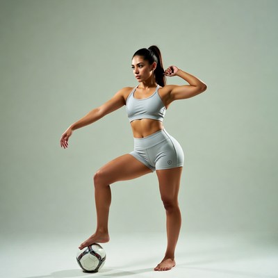 Woman poses with soccer ball indoors