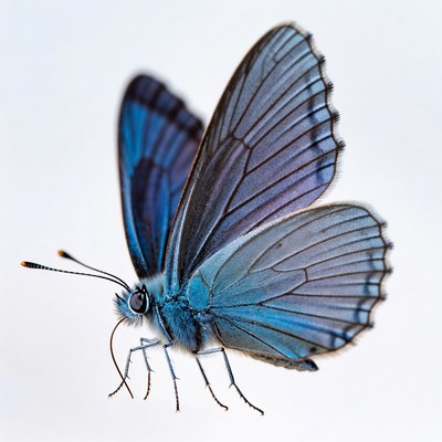 Bright blue butterfly in flight