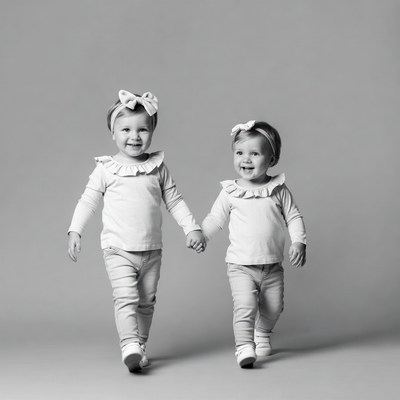 Twin girls walk hand in hand together