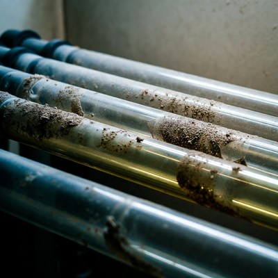 Dusty pipes in industrial setting