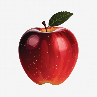 Bright red apple with green leaf