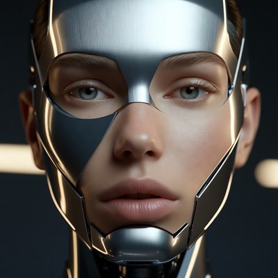 Robot face close up with shiny features