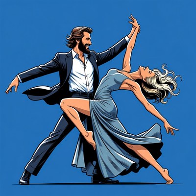 Couple dancing in a blue background scene