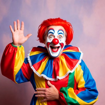 Clown waving in colorful outfit